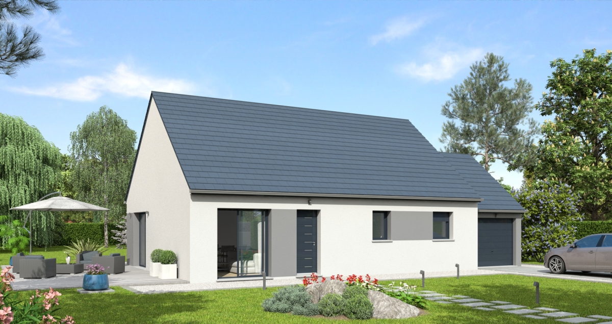 Maison traditionnelle plain-pied avec façade blanche et grise et ardoise sur le toit