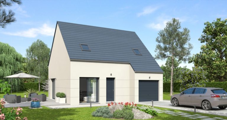 Maison composée d'un rez-de-chaussée et d'un étage. Garage accolé un peu avancé par rapport à la maison. Pelouse sur l'avant de la maison sauf pour l'allée qui mène du garage à la rue.