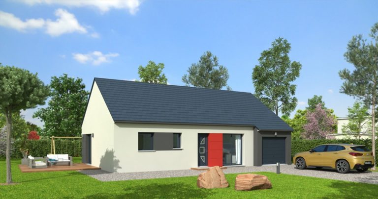 Maison plain-pied avec une façade tricolore rouge grise et beige,