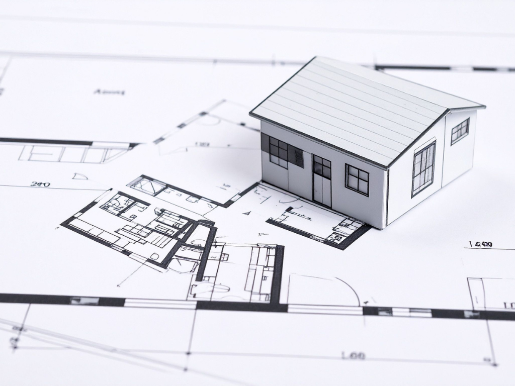 Maquette de maison blanche sur plan de construction architecturale